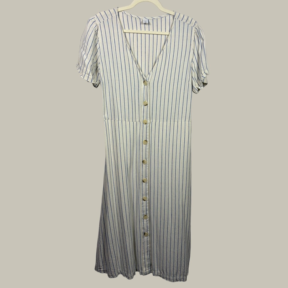 Old Navy Midi Dress Striped Linen Blend Nautical Beach Coastal Grandma Womens‎ L
